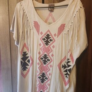 Vocal Cream and Pink Fringed Geometric Blouse
